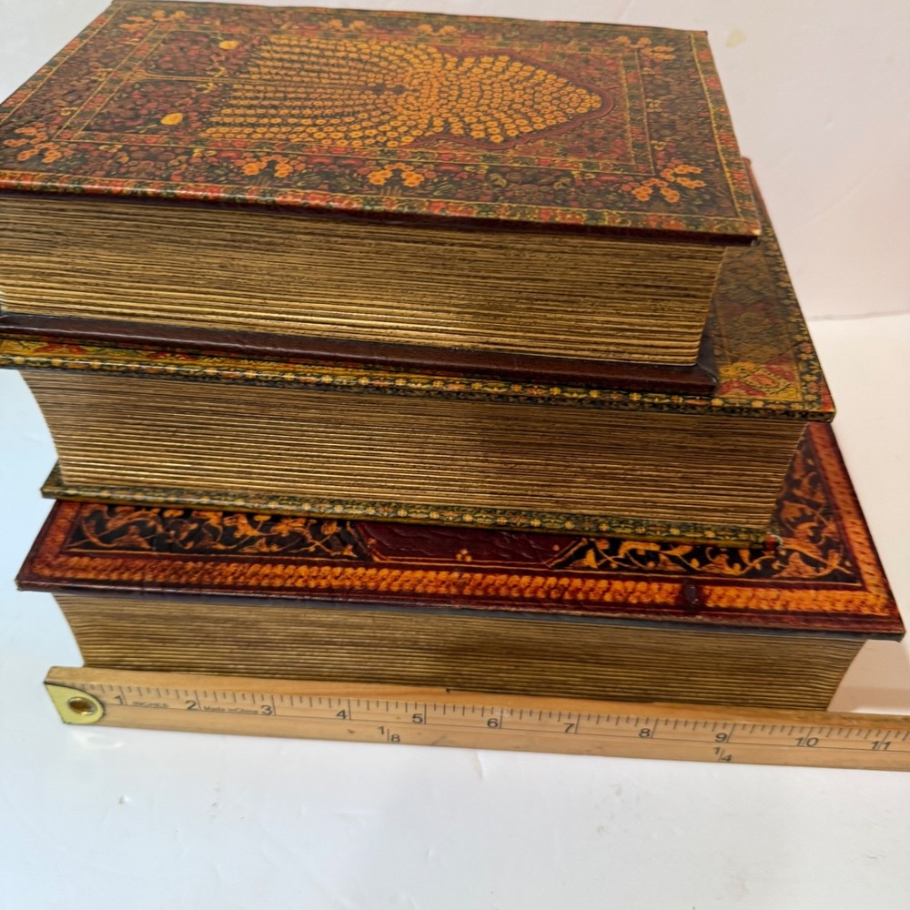 Vintage Style Faux Book Storage Box Set of 3 Nesting Tooled Leather Look Decor - Picture 4 of 12